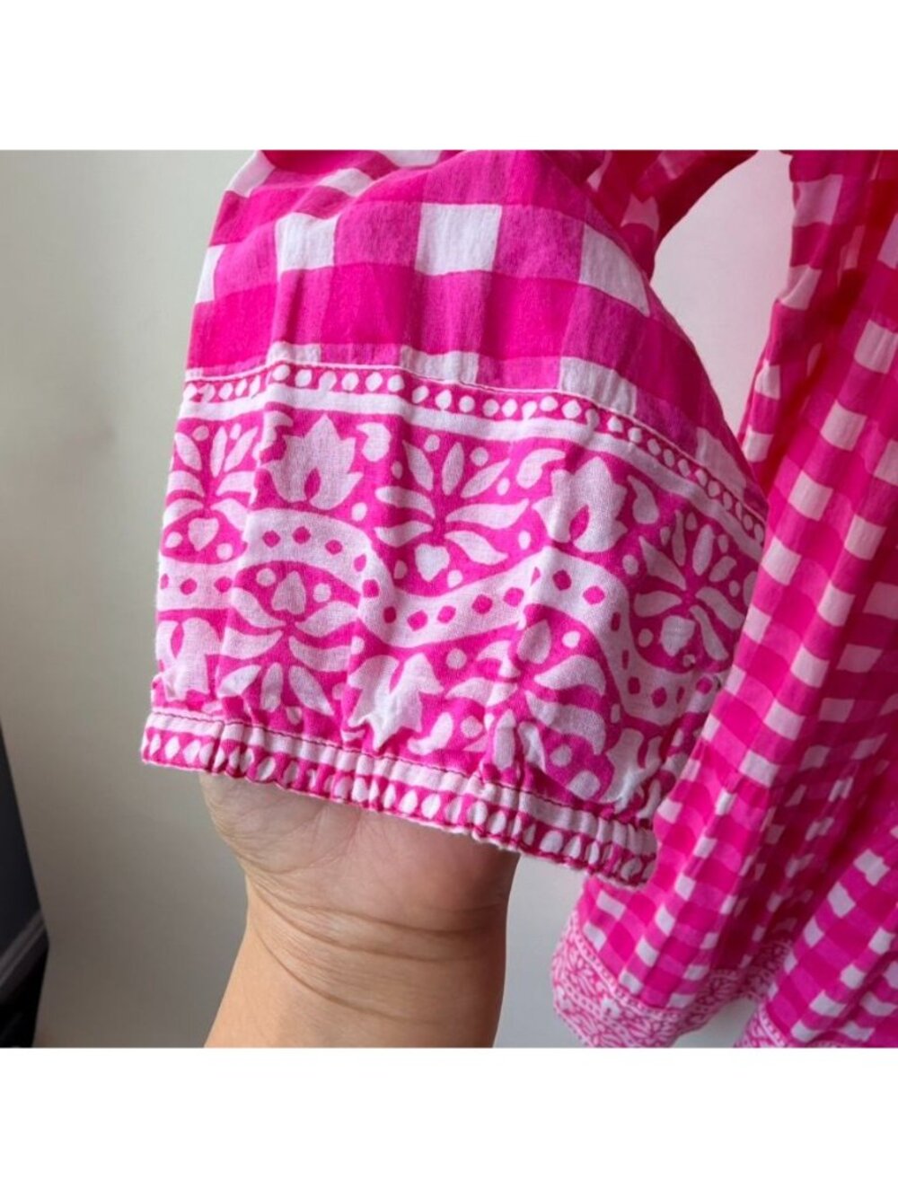 SZ Blockprints Priya Hot Pink Gingham Cotton Tiered Dress Women's Size M - Picture 6 of 12